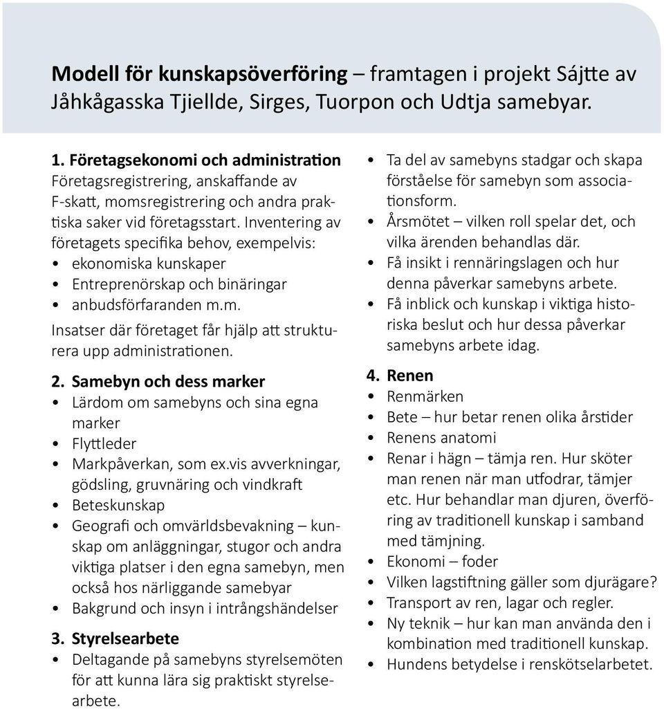 Inventering av företagets specifika behov, exempelvis: ekonomiska kunskaper Entreprenörskap och binäringar anbudsförfaranden m.m. Insatser där företaget får hjälp att strukturera upp administrationen.