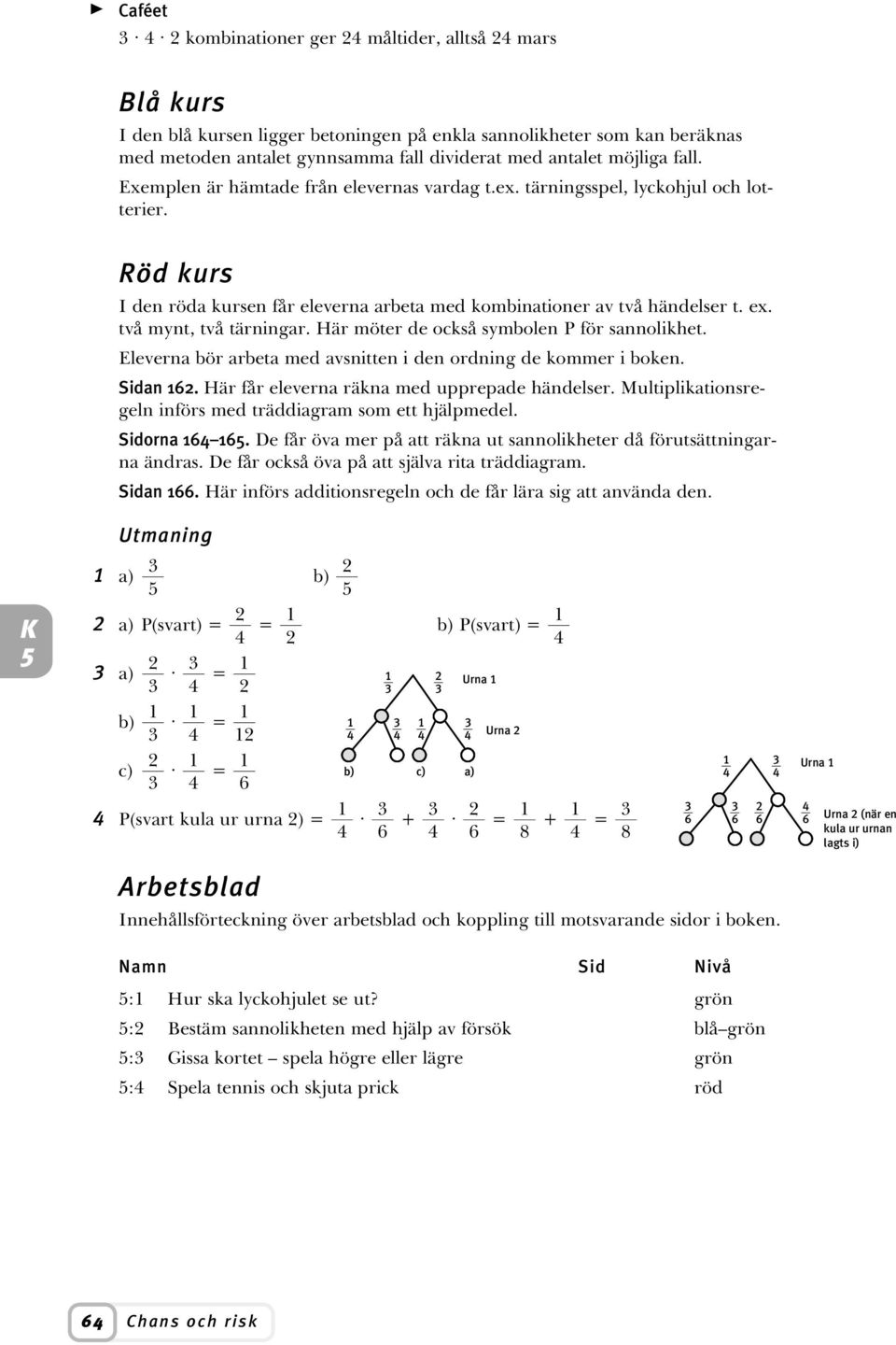 två mynt, två tärningar. Här möter de också symbolen P för sannolikhet. Eleverna bör arbeta med avsnitten i den ordning de kommer i boken. Sidan 2. Här får eleverna räkna med upprepade händelser.