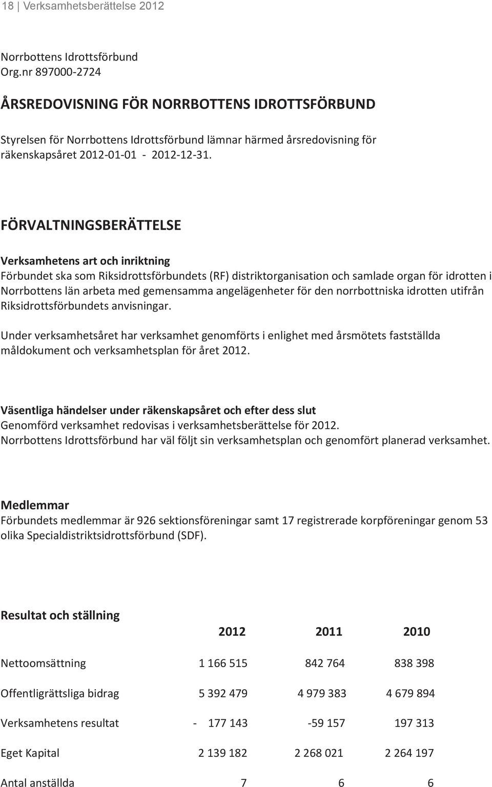 FÖRVALTNINGSBERÄTTELSE Verksamhetens art och inriktning Förbundet ska som Riksidrottsförbundets (RF) distriktorganisation och samlade organ för idrotten i Norrbottens län arbeta med gemensamma