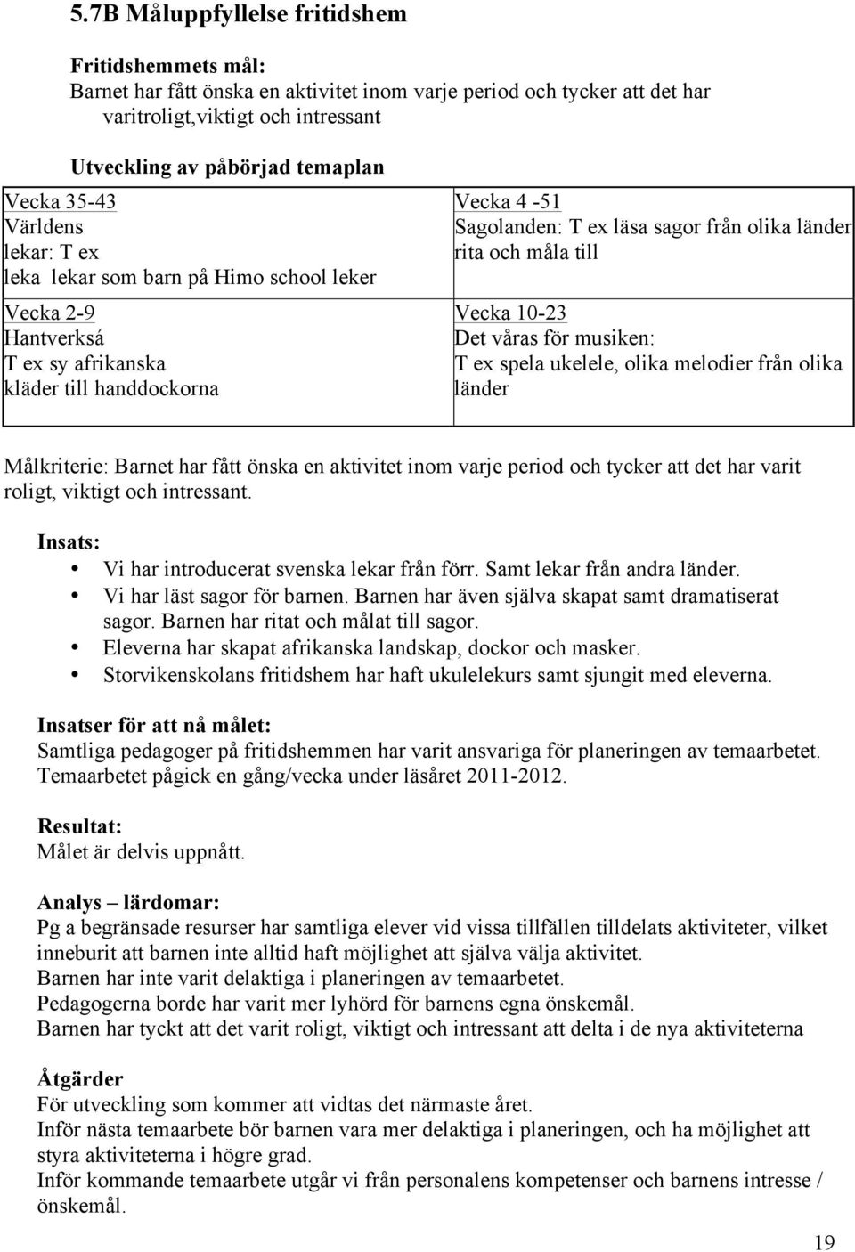 måla till Vecka 10-23 Det våras för musiken: T ex spela ukelele, olika melodier från olika länder Målkriterie: Barnet har fått önska en aktivitet inom varje period och tycker att det har varit