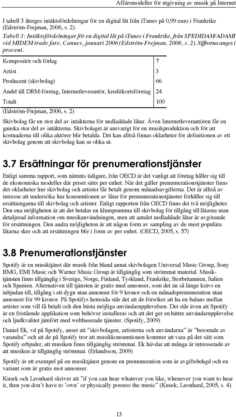 Kompositör och förlag 7 Artist 3 Producent (skivbolag) 66 Andel till DRM-företag, Internetleverantör, kreditkortsföretag 24 Totalt 100 (Edström-Frejman, 2006, s.