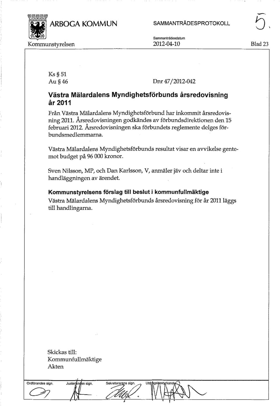 Västra Mälardalens Myndighetsförbunds resultat visar en avvikelse gentemot budget på 96 000 kronor. Sven Nilsson, MP, och Dan Karlsson, V, anmäler jäv och deltar inte i handläggningen av ärendet.