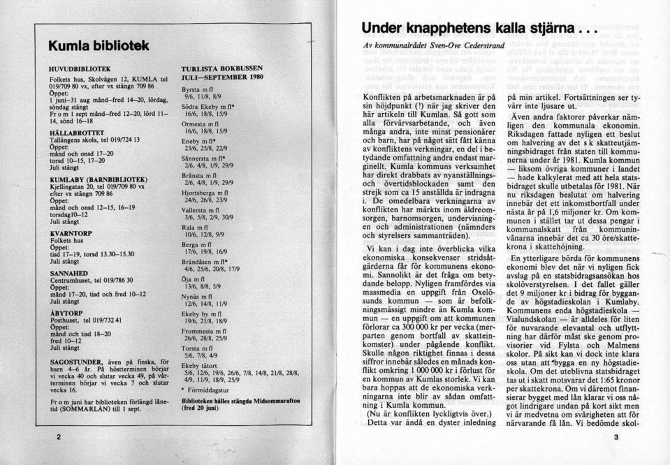 stänat KUMLABY (BARNBIBLIOTEK) Kjellingatan 20, tel 0l9n09 80 vx efter vx stångo 709 86 Öppet: mind och onsd 12-15, 16-19!orsdaglO-l2 Juli stängt I(VARNTQRP Folkets hus Öppet: too 11-19, lond 13.