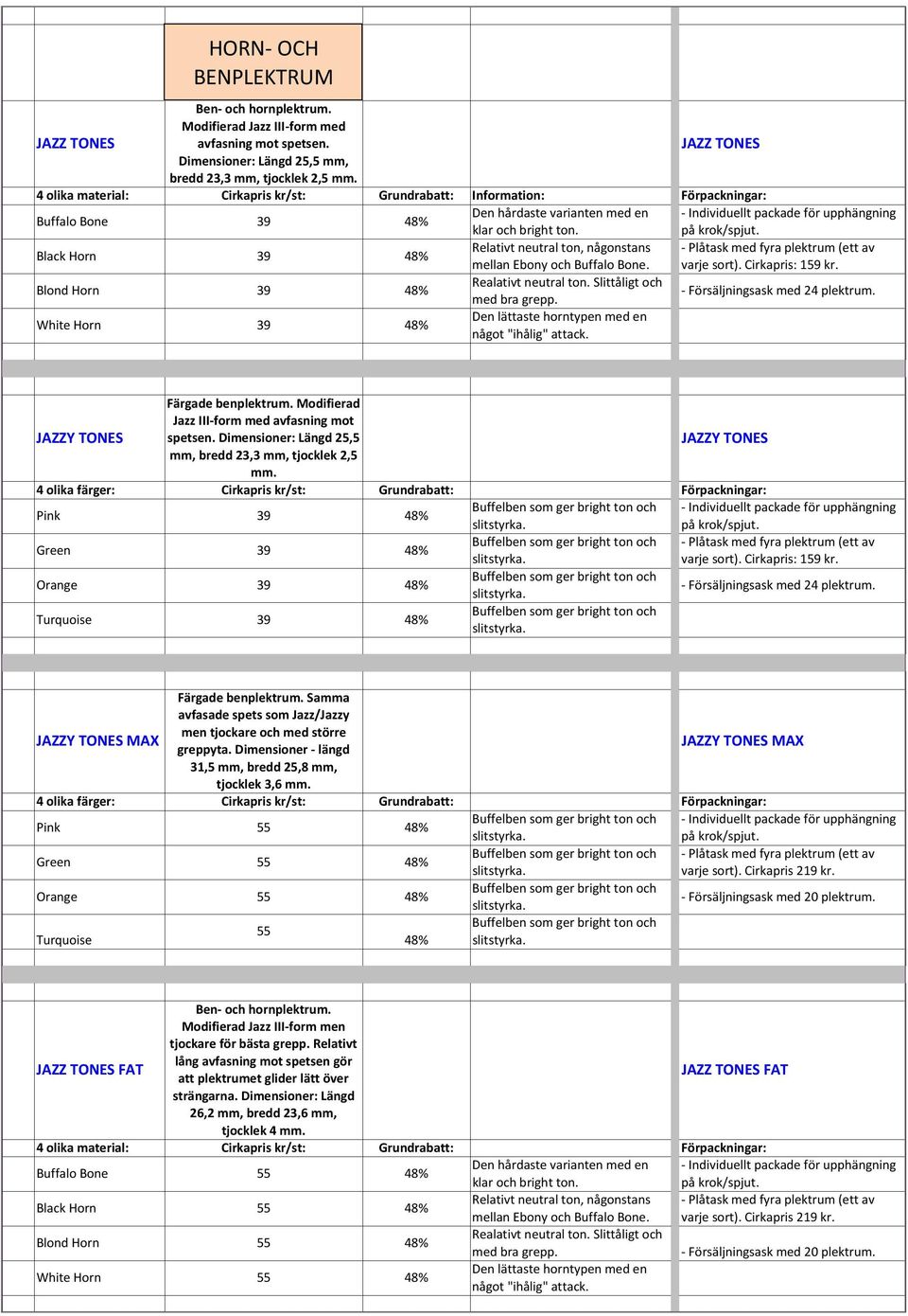 Buffalo Bone. varje sort). Cirkapris: 159 kr. Blond Horn 39 48% White Horn 39 48% JAZZY TONES Färgade benplektrum. Modifierad Jazz III- form med avfasning mot spetsen.