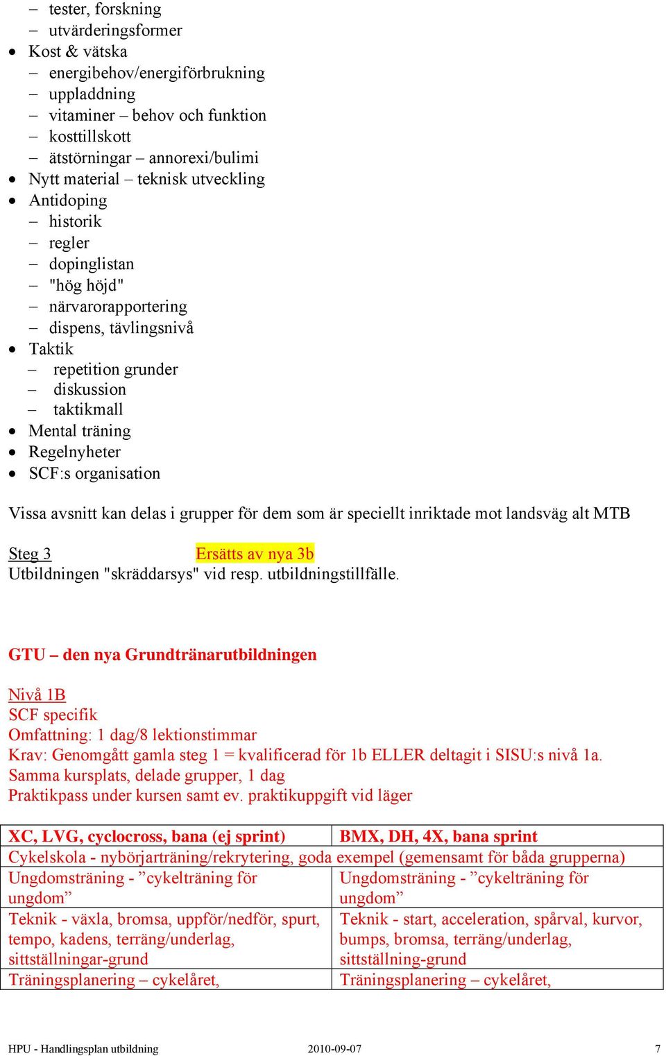 avsnitt kan delas i grupper för dem som är speciellt inriktade mot landsväg alt MTB Steg 3 Ersätts av nya 3b Utbildningen "skräddarsys" vid resp. utbildningstillfälle.