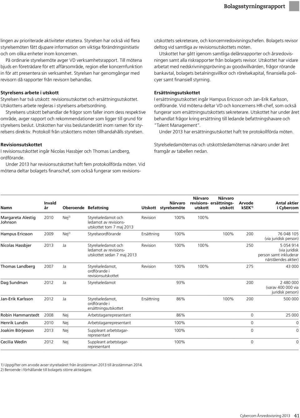 Styrelsen har genomgångar med revisorn då rapporter från revisorn behandlas. Styrelsens arbete i utskott Styrelsen har två utskott: revisionsutskottet och ersättningsutskottet.