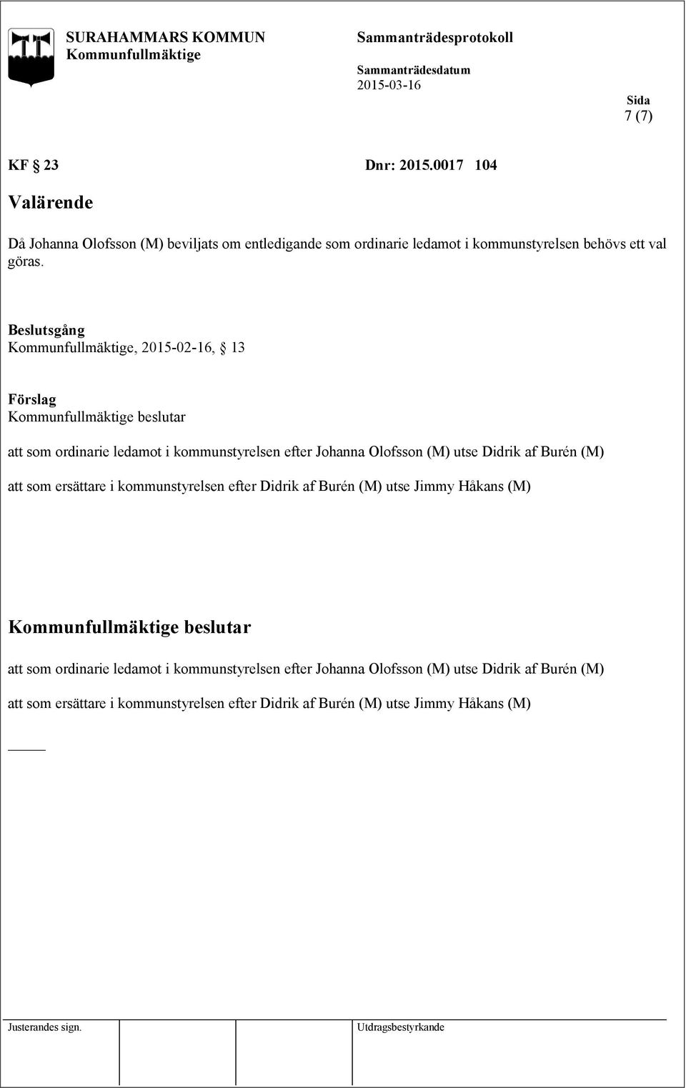 , 2015-02-16, 13 att som ordinarie ledamot i kommunstyrelsen efter Johanna Olofsson (M) utse Didrik af Burén (M) att som ersättare