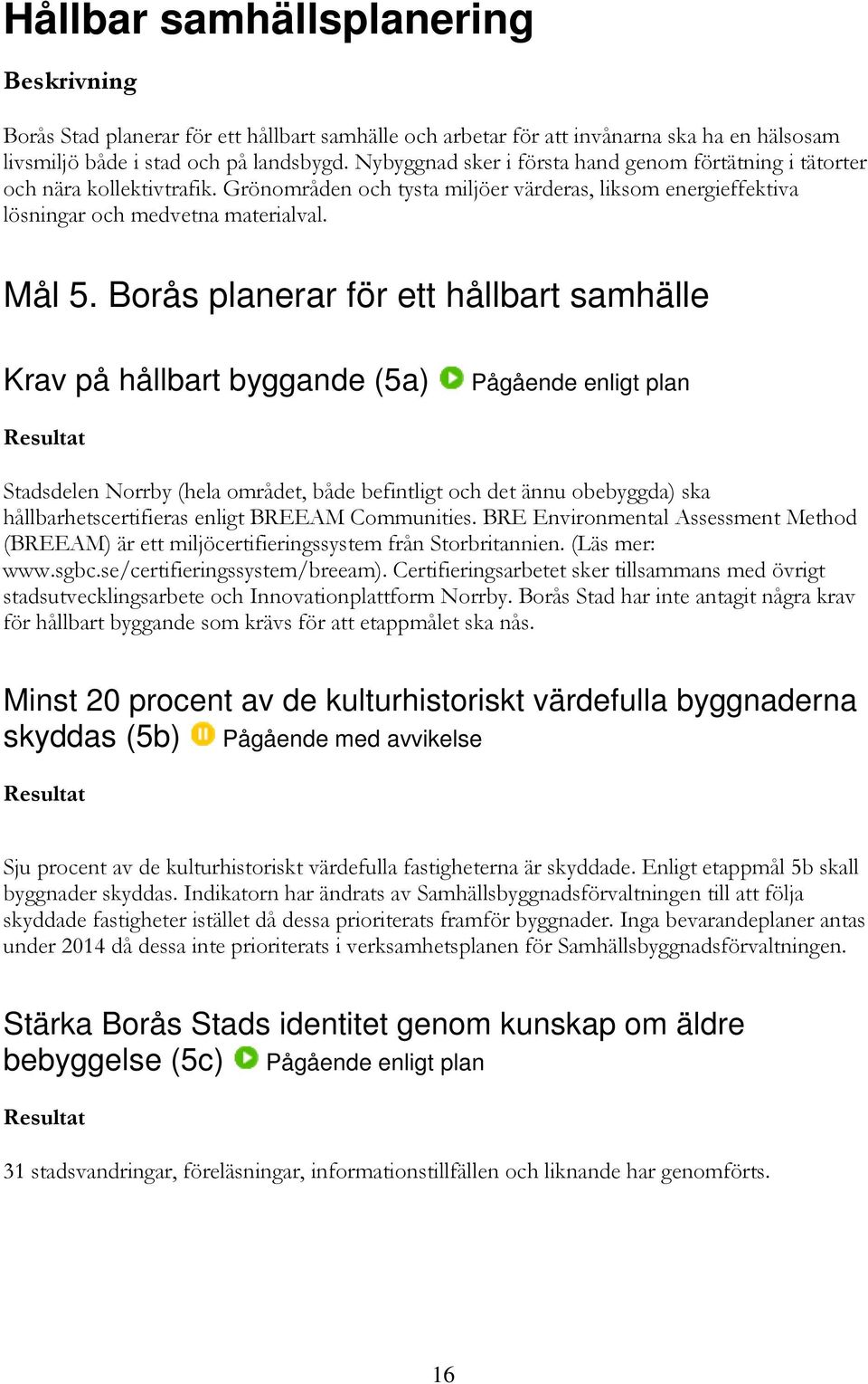 Borås planerar för ett hållbart samhälle Krav på hållbart byggande (5a) Stadsdelen Norrby (hela området, både befintligt och det ännu obebyggda) ska hållbarhetscertifieras enligt BREEAM Communities.