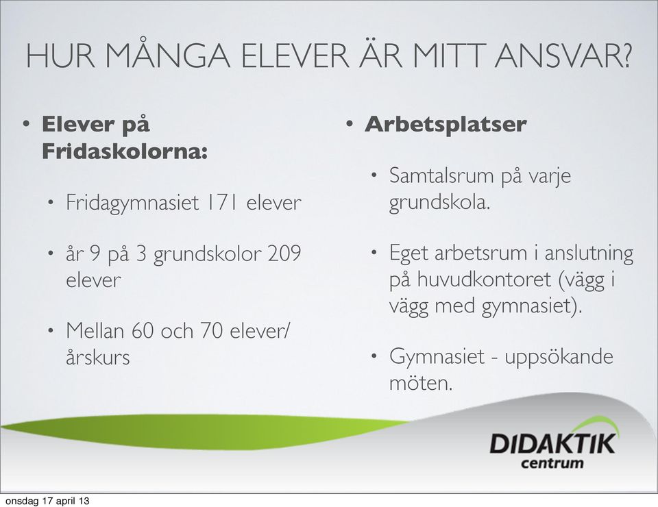 209 elever Mellan 60 och 70 elever/ årskurs Arbetsplatser Samtalsrum på