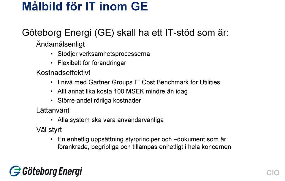 kosta 100 MSEK mindre än idag Större andel rörliga kostnader Lättanvänt Väl styrt Alla system ska vara användarvänliga