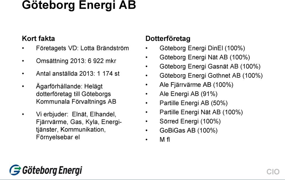 Förnyelsebar el Dotterföretag Göteborg Energi DinEl (100%) Göteborg Energi Nät AB (100%) Göteborg Energi Gasnät AB (100%) Göteborg Energi Gothnet