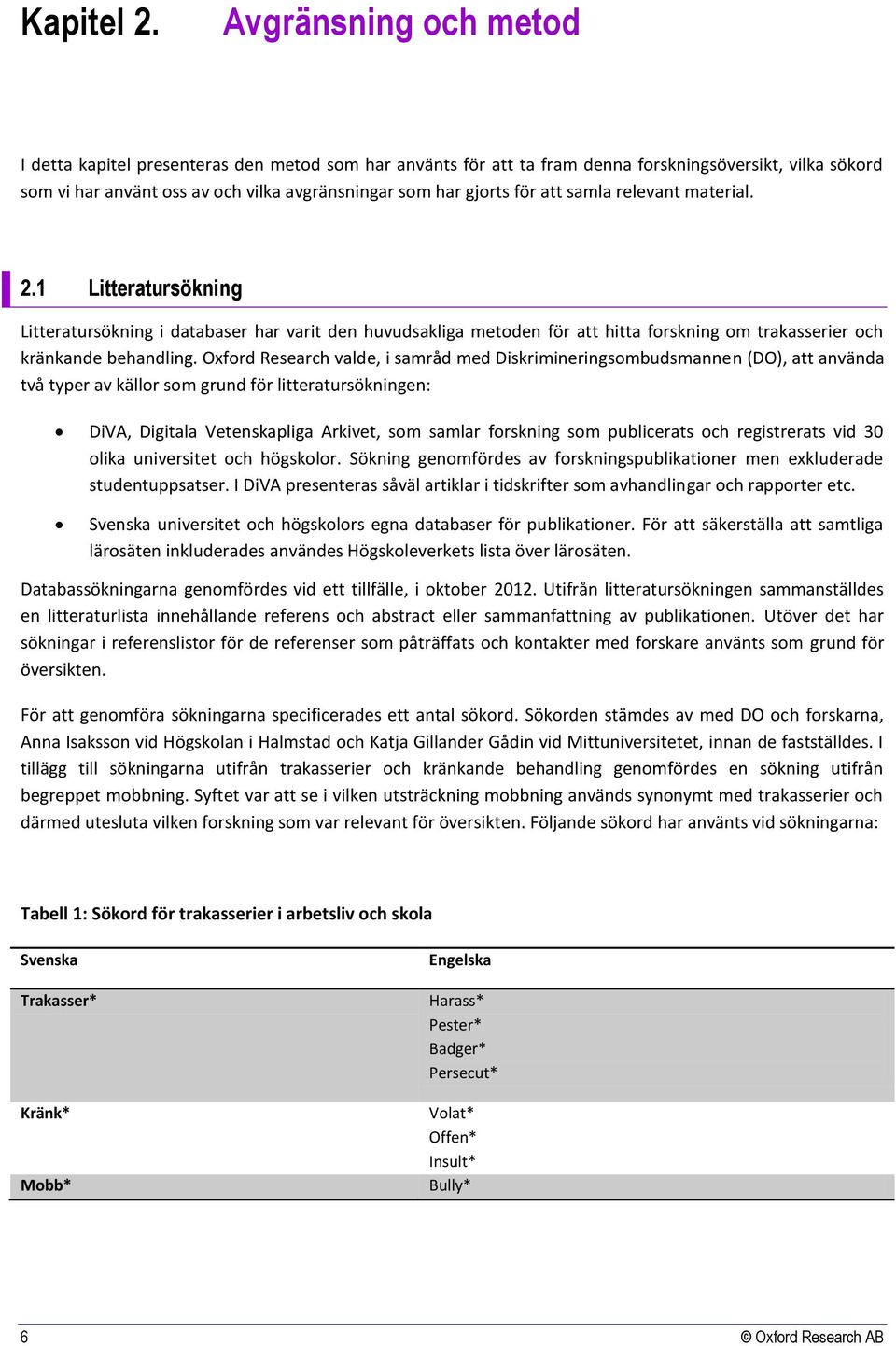 att samla relevant material. 2.1 Litteratursökning Litteratursökning i databaser har varit den huvudsakliga metoden för att hitta forskning om trakasserier och kränkande behandling.