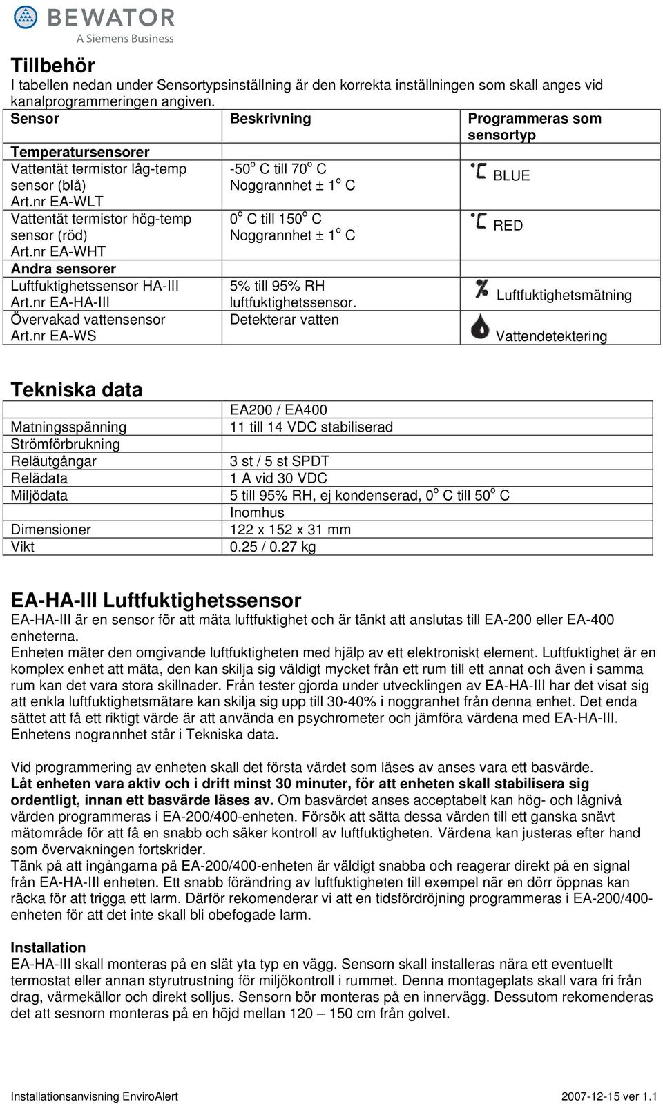 nr EA-WHT Andra sensorer Luftfuktighetssensor HA-III Art.nr EA-HA-III Övervakad vattensensor Art.