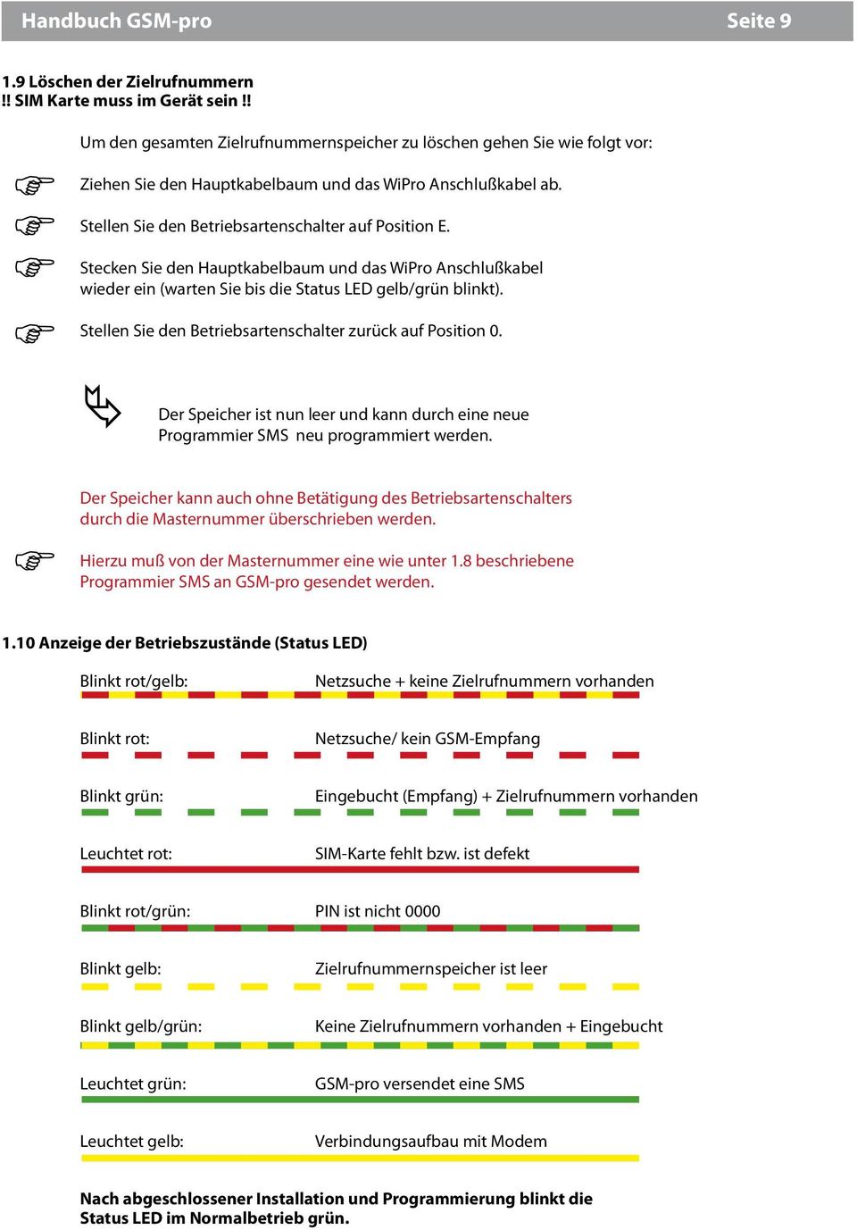 Stecken Sie den Hauptkabelbaum und das WiPro Anschlußkabel wieder ein (warten Sie bis die Status LED gelb/grün blinkt). Stellen Sie den Betriebsartenschalter zurück auf Position 0.