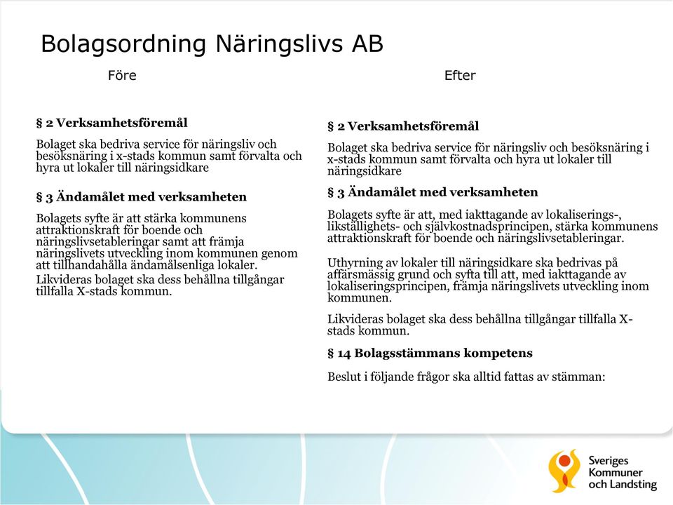 Bolaget ska bedriva service för näringsliv och besöksnäring i x-stads kommun samt förvalta och hyra ut lokaler till näringsidkare Bolagets syfte är att, med iakttagande av lokaliserings-,