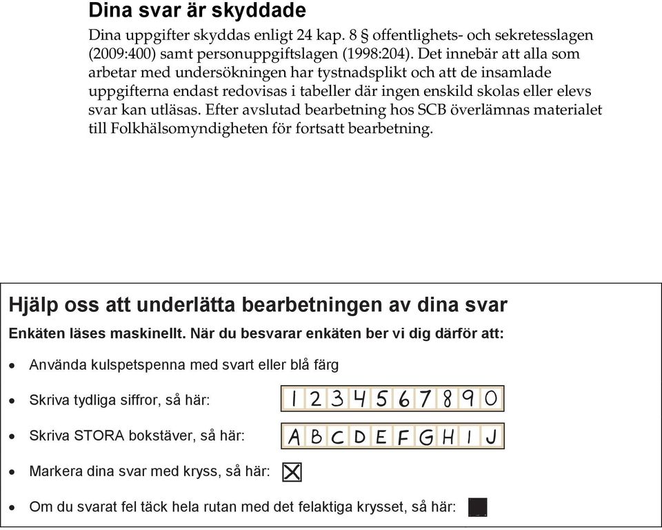 Efter avslutad bearbetning hos SCB överlämnas materialet till Folkhälsomyndigheten för fortsatt bearbetning. Hjälp oss att underlätta bearbetningen av dina svar Enkäten läses maskinellt.