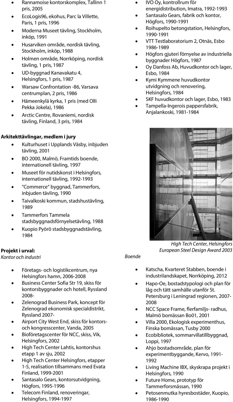 pris (med Olli Pekka Jokela), 1986 Arctic Centre, Rovaniemi, nordisk tävling, Finland, 3 pris, 1984 IVO Oy, kontrollrum för energidistribution, Imatra, 1992-1993 Santasalo Gears, fabrik och kontor,