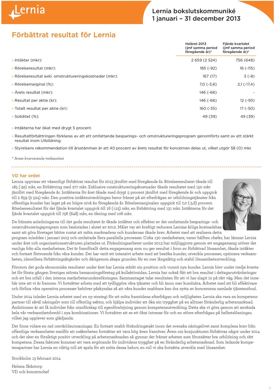 omstruktureringskostnader (mkr): 167 (17) 3 (-8) Rörelsemarginal (%): 7,0 (-3,6) 2,1 (-17,4) Årets resultat (mkr): 146 (-66) - Resultat per aktie (kr): 146 (-66) 12 (-93) Totalt resultat per aktie