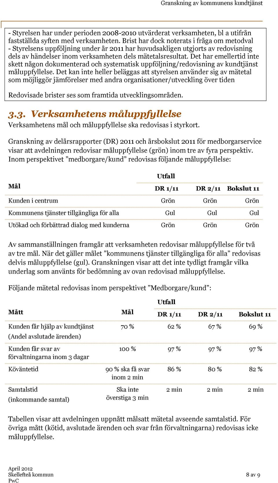 Det har emellertid inte skett någon dokumenterad och systematisk uppföljning/redovisning av kundtjänst måluppfyllelse.