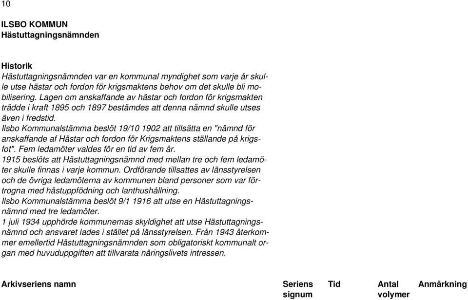 Ilsbo Kommunalstämma beslöt 19/10 1902 att tillsätta en "nämnd för anskaffande af Hästar och fordon för Krigsmaktens ställande på krigsfot". Fem ledamöter valdes för en tid av fem år.