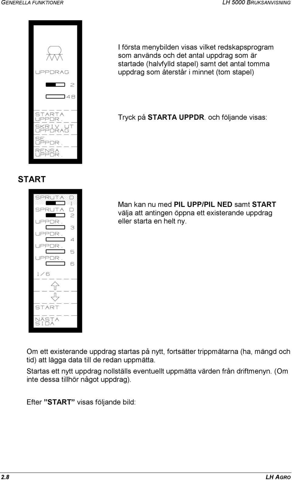 och följande visas: START Man kan nu med PIL UPP/PIL NED samt START välja att antingen öppna ett existerande uppdrag eller starta en helt ny.