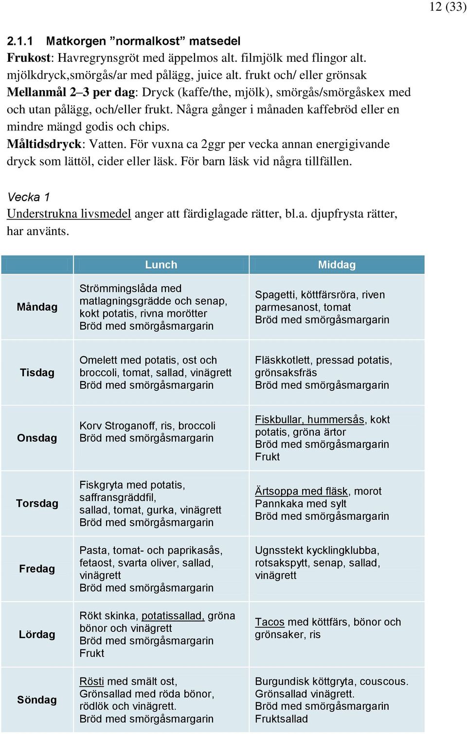 Några gånger i månaden kaffebröd eller en mindre mängd godis och chips. Måltidsdryck: Vatten. För vuxna ca 2ggr per vecka annan energigivande dryck som lättöl, cider eller läsk.