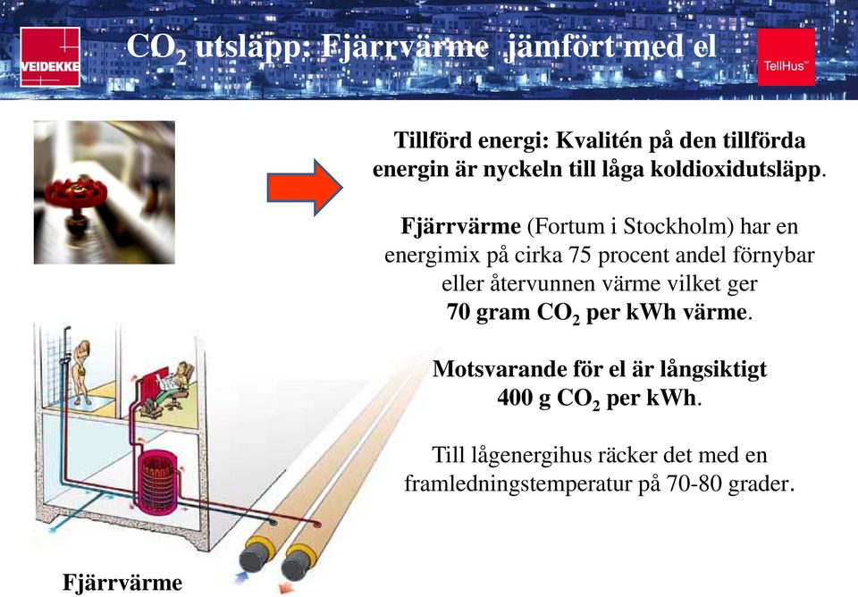 Fjärrvärme (Fortum i Stockholm) har en energimix på cirka 75 procent andel förnybar eller återvunnen