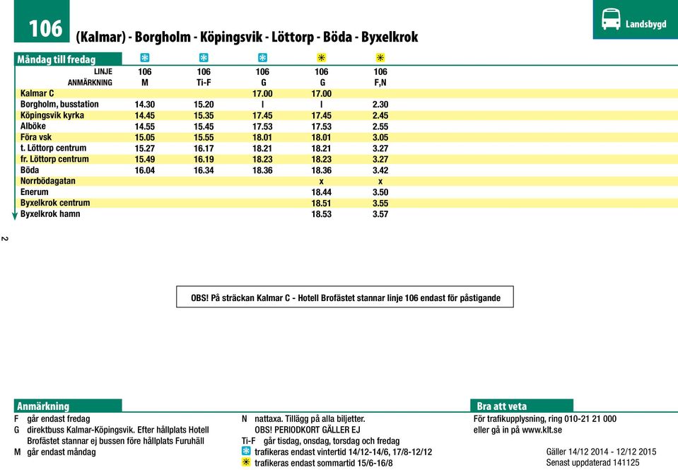 På sträckan - Hotell Brofästet stannar linje endast för påstigande F går endast fredag direktbuss Kalmar-Köpingsvik.