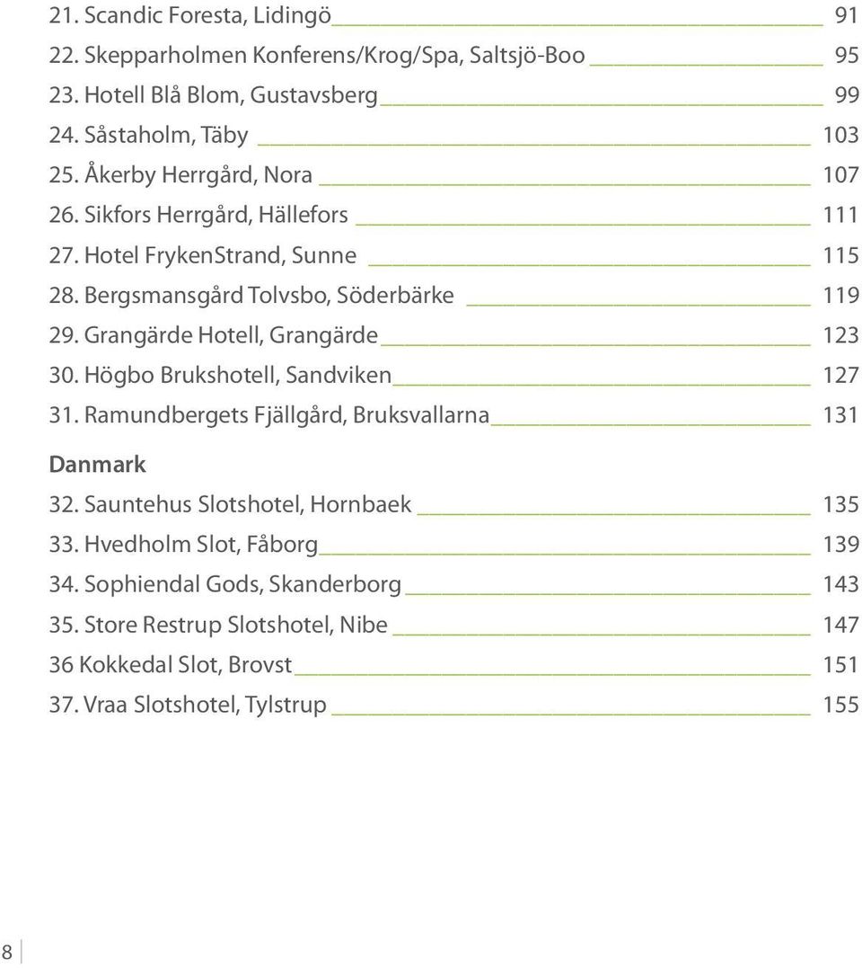 Grangärde Hotell, Grangärde 123 30. Högbo Brukshotell, Sandviken 127 31. Ramundbergets Fjällgård, Bruksvallarna 131 Danmark 32.