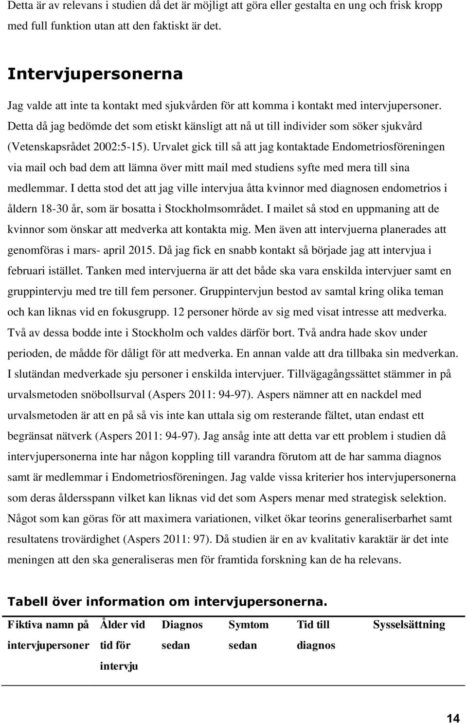 Detta då jag bedömde det som etiskt känsligt att nå ut till individer som söker sjukvård (Vetenskapsrådet 2002:5-15).