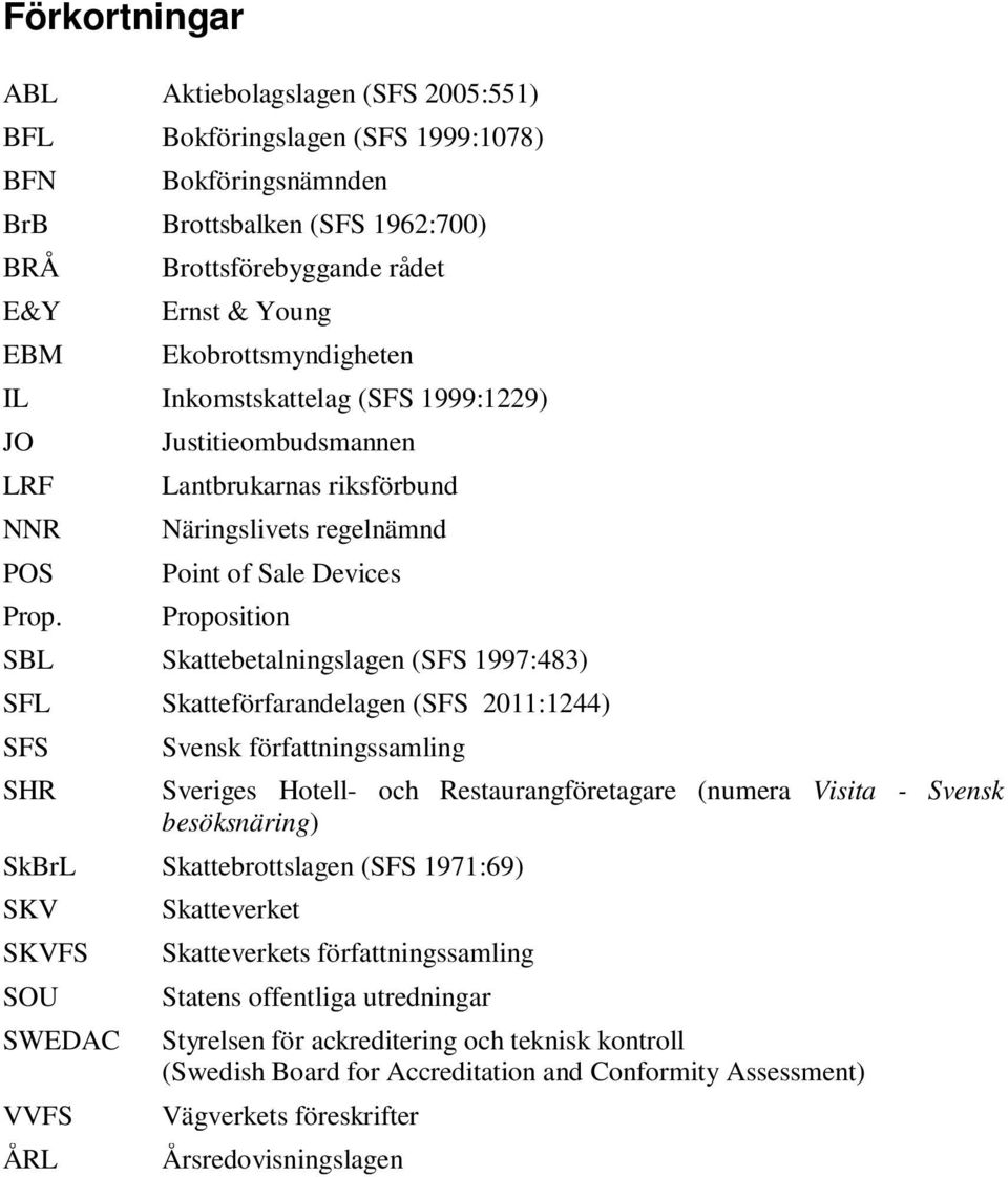 Justitieombudsmannen Lantbrukarnas riksförbund Näringslivets regelnämnd Point of Sale Devices Proposition SBL Skattebetalningslagen (SFS 1997:483) SFL Skatteförfarandelagen (SFS 2011:1244) SFS SHR