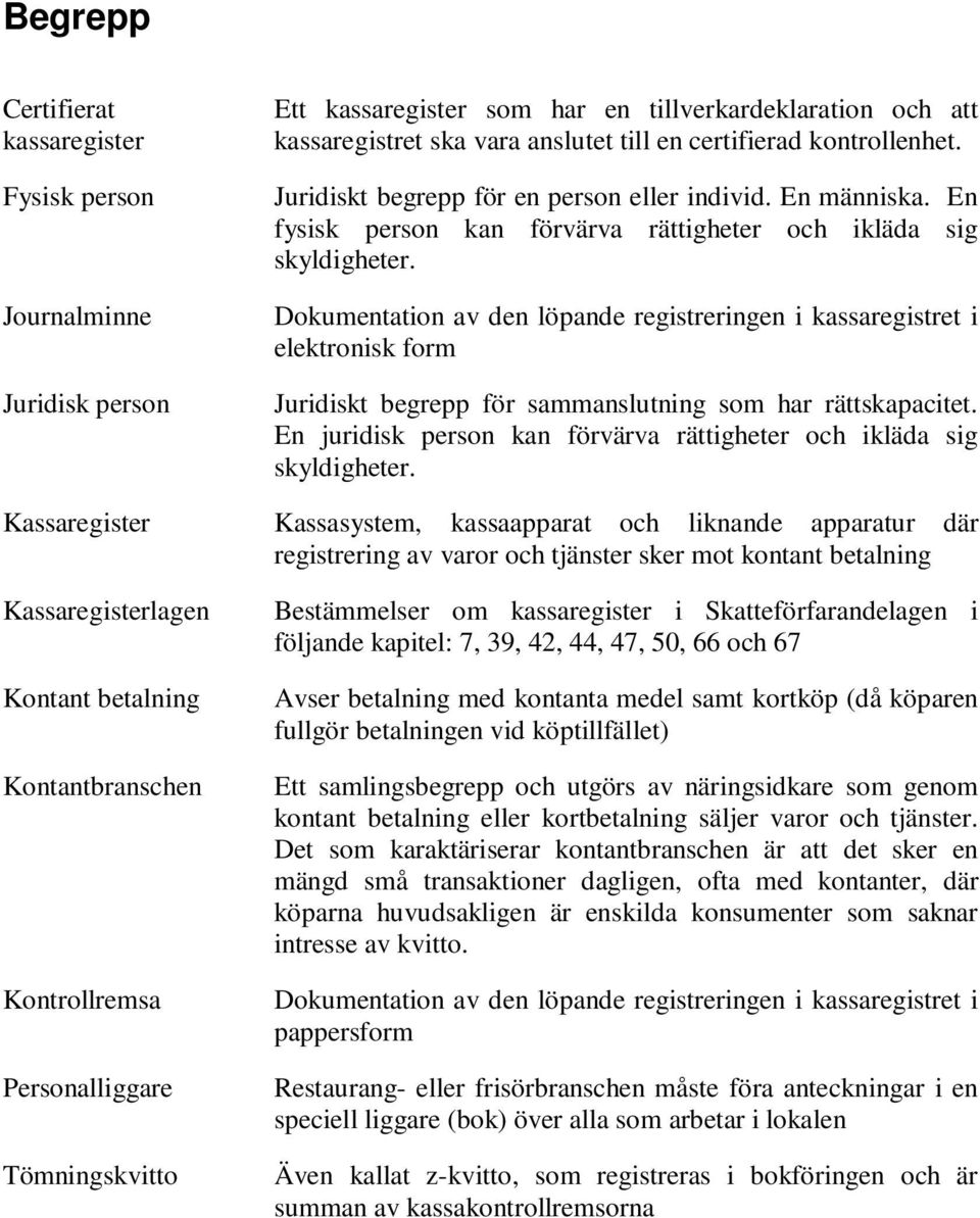 Dokumentation av den löpande registreringen i kassaregistret i elektronisk form Juridiskt begrepp för sammanslutning som har rättskapacitet.