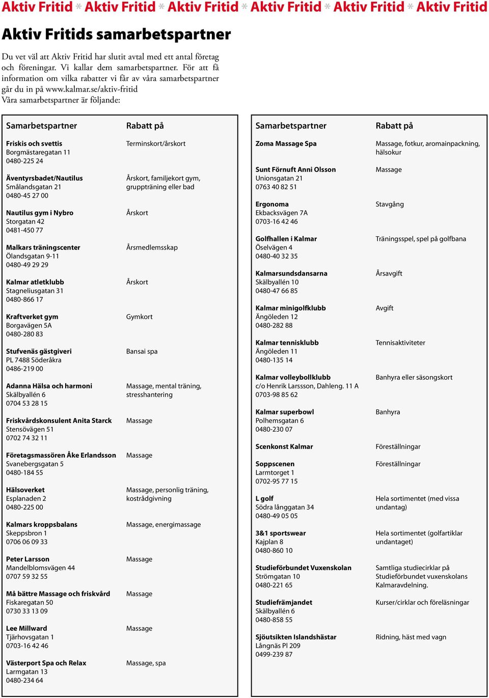 se/aktiv-fritid Våra samarbetspartner är följande: Samarbetspartner Rabatt på Samarbetspartner Rabatt på Friskis och svettis Borgmästaregatan 11 0480-225 24 Äventyrsbadet/Nautilus Smålandsgatan 21