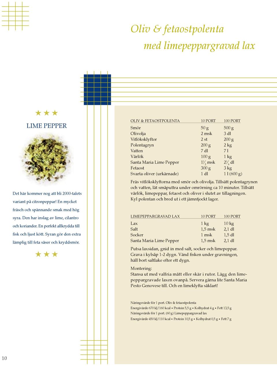 Oliv & fetaostpolenta 10 port 100 port Smör 50 g 500 g Olivolja 2 msk 3 dl Vitlöksklyftor 2 st 200 g Polentagryn 200 g 2 kg Vatten 7 dl 7 l Vårlök 100 g 1 kg Santa Maria Lime Pepper 1 1 2 msk 2 1 4