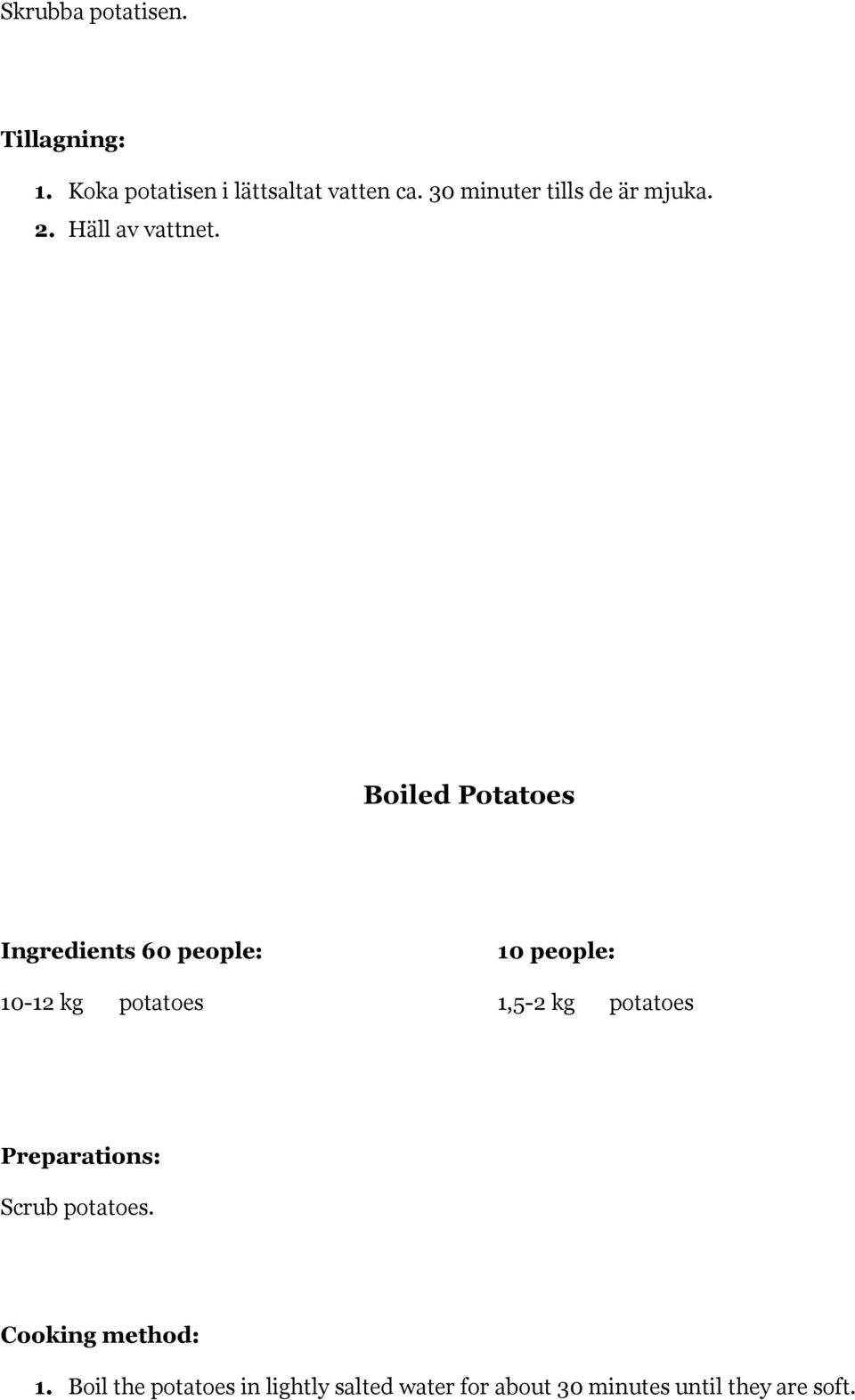 Boiled Potatoes Ingredients 60 people: 10 people: 10-12 kg potatoes 1,5-2 kg potatoes