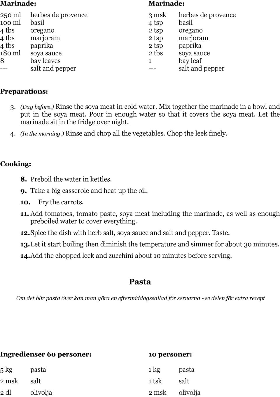 Mix together the marinade in a bowl and put in the soya meat. Pour in enough water so that it covers the soya meat. Let the marinade sit in the fridge over night. 4. (In the morning.