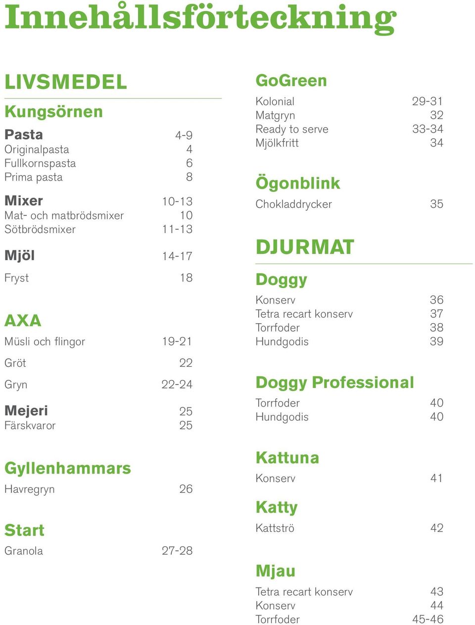 GoGreen Kolonial 29-31 Matgryn 32 Ready to serve 33-34 Mjölkfritt 34 Ögonblink Chokladdrycker 35 DJURMAT Doggy Konserv 36 Tetra recart konserv 37