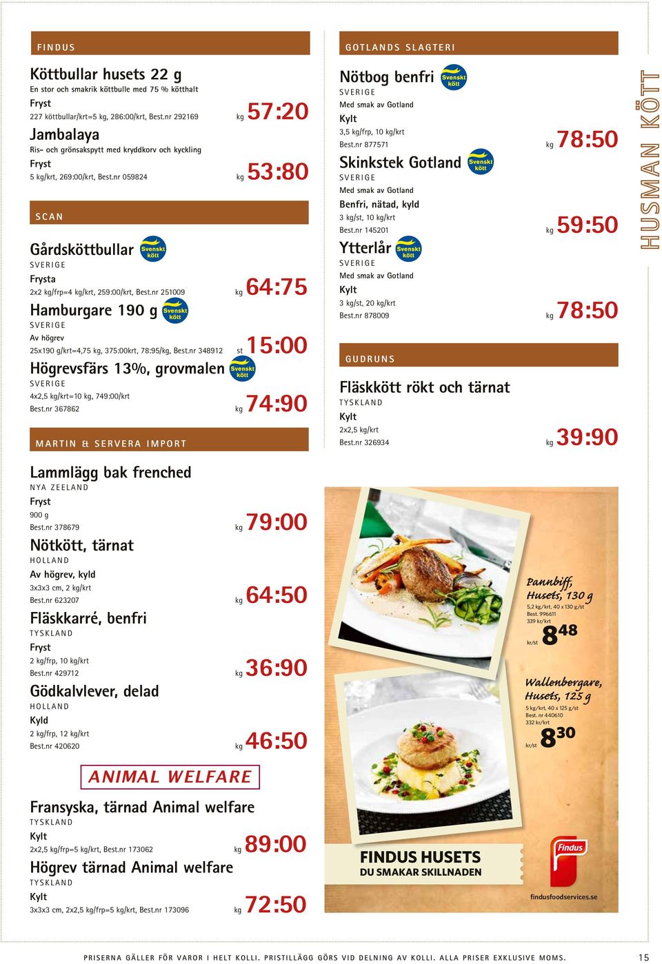 nr 251009 kg 64:75 Hamburgare 190 g Av högrev 25x190 g/krt=4,75 kg, 375:00krt, 78:95/kg, Best.nr 348912 st 15:00 Högrevsfärs 13%, grovmalen 4x2,5 kg/krt=10 kg, 749:00/krt Best.