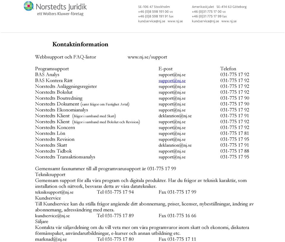 se 031-775 17 90 Norstedts Dokument (samt frågor om Fastighet Avtal) support@nj.se 031-775 17 90 Norstedts Ekonomianalys support@nj.