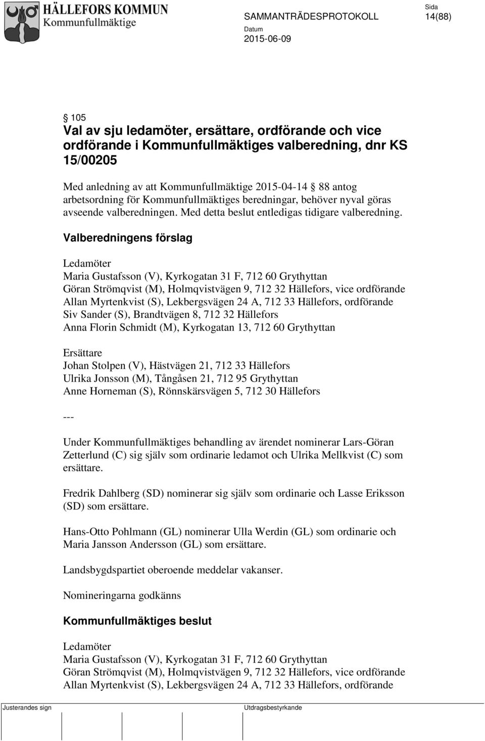 Valberedningens förslag Ledamöter Maria Gustafsson (V), Kyrkogatan 31 F, 712 60 Grythyttan Göran Strömqvist (M), Holmqvistvägen 9, 712 32 Hällefors, vice ordförande Allan Myrtenkvist (S),