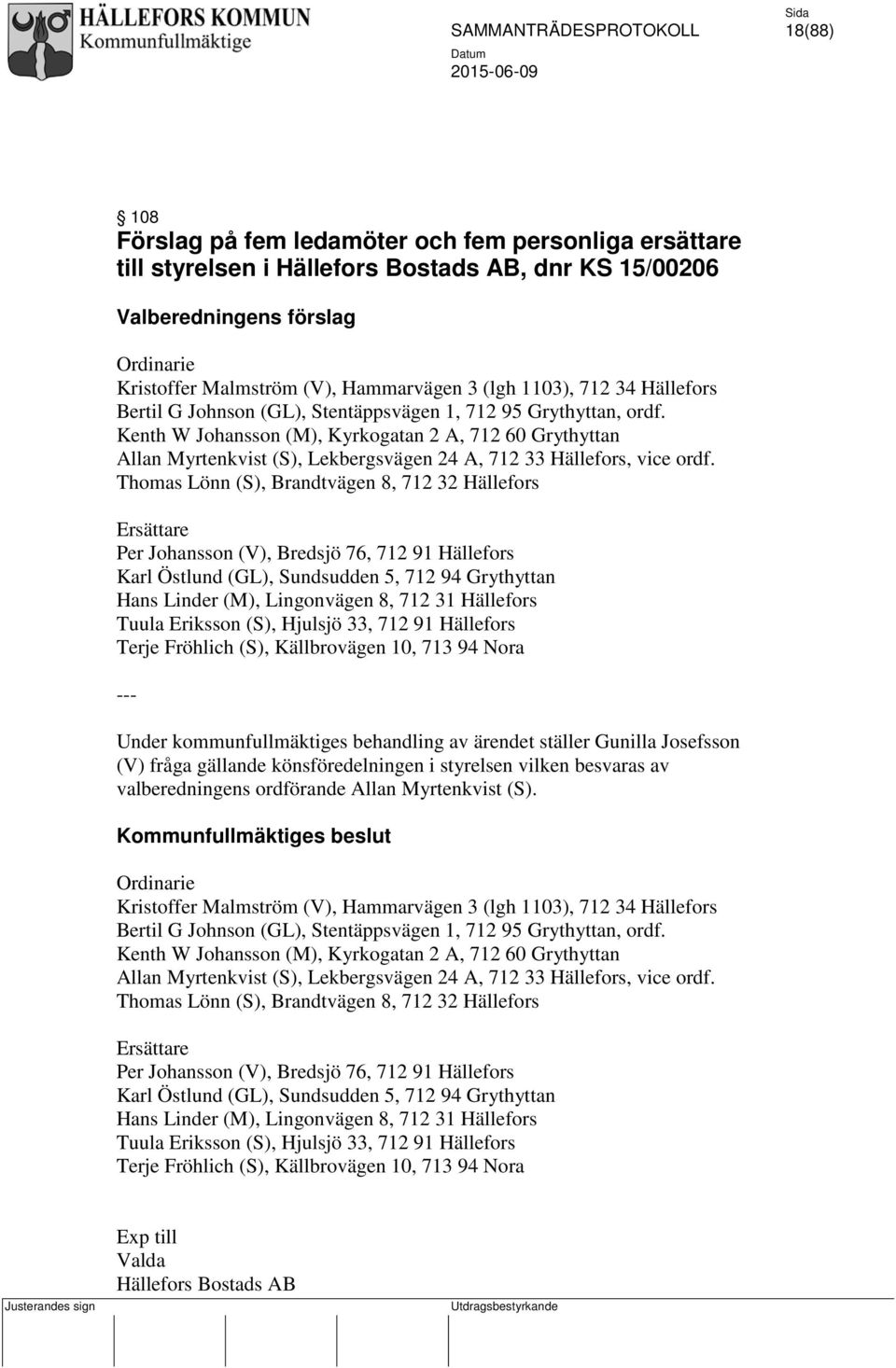 Kenth W Johansson (M), Kyrkogatan 2 A, 712 60 Grythyttan Allan Myrtenkvist (S), Lekbergsvägen 24 A, 712 33 Hällefors, vice ordf.