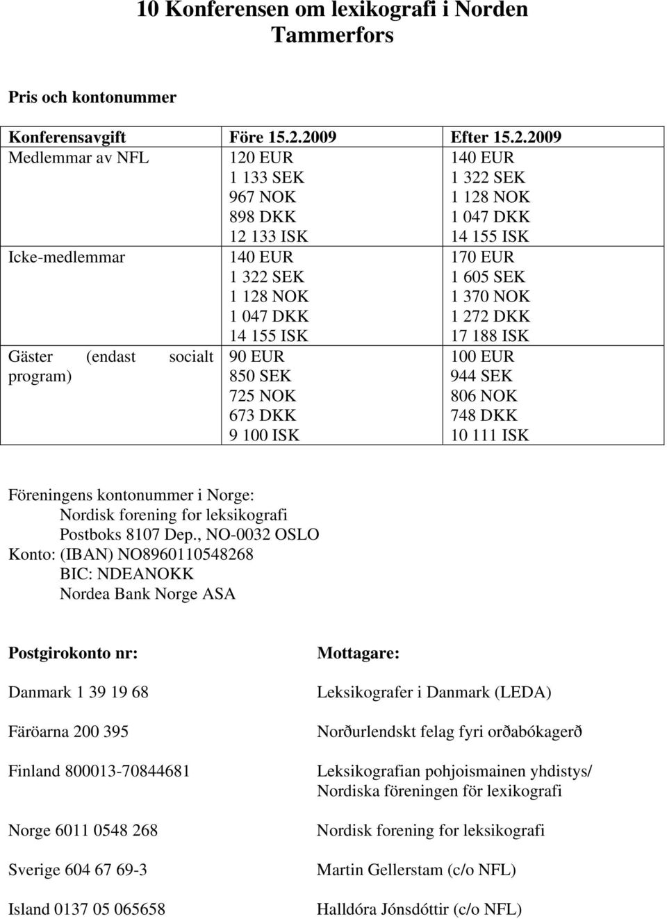 128 NOK 1 047 DKK 14 155 ISK 90 EUR 850 SEK 725 NOK 673 DKK 9 100 ISK 170 EUR 1 605 SEK 1 370 NOK 1 272 DKK 17 188 ISK 100 EUR 944 SEK 806 NOK 748 DKK 10 111 ISK Föreningens kontonummer i Norge: