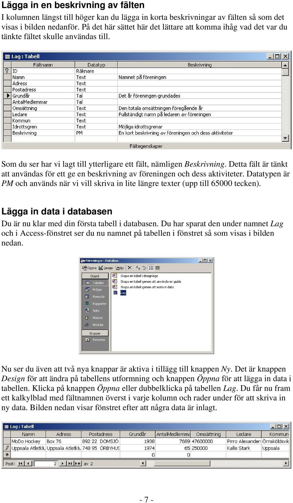 Detta fält är tänkt att användas för ett ge en beskrivning av föreningen och dess aktiviteter. Datatypen är PM och används när vi vill skriva in lite längre texter (upp till 65000 tecken).