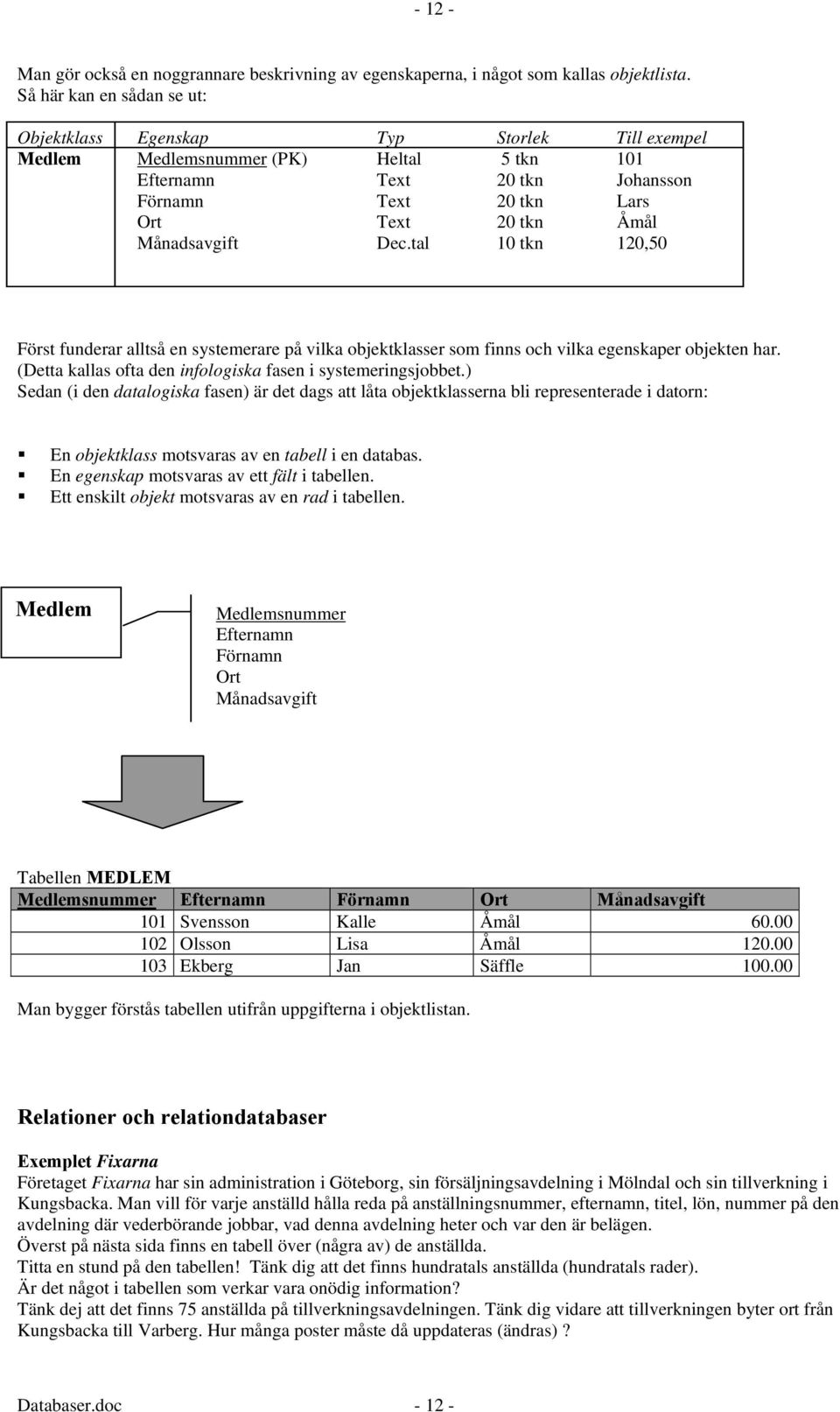 Månadsavgift Dec.tal 10 tkn 120,50 Först funderar alltså en systemerare på vilka objektklasser som finns och vilka egenskaper objekten har.