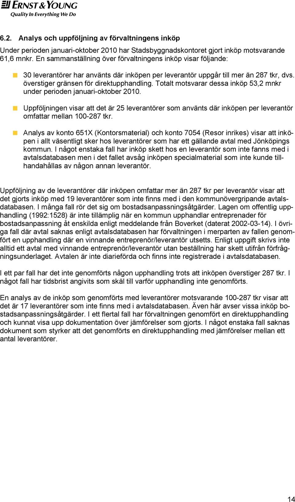 Totalt motsvarar dessa inköp 53,2 mnkr under perioden januari-oktober 2010. Uppföljningen visar att det är 25 leverantörer som använts där inköpen per leverantör omfattar mellan 100-287 tkr.