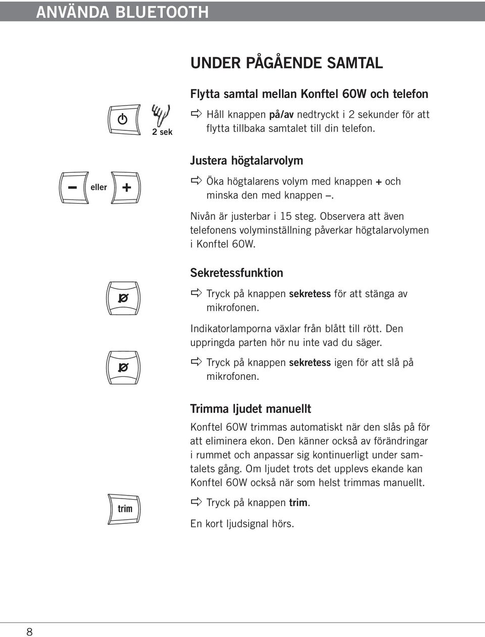 Observera att även telefonens volyminställning påverkar högtalarvolymen i Konftel 60W. Sekretessfunktion apple Tryck på knappen sekretess för att stänga av mikrofonen.