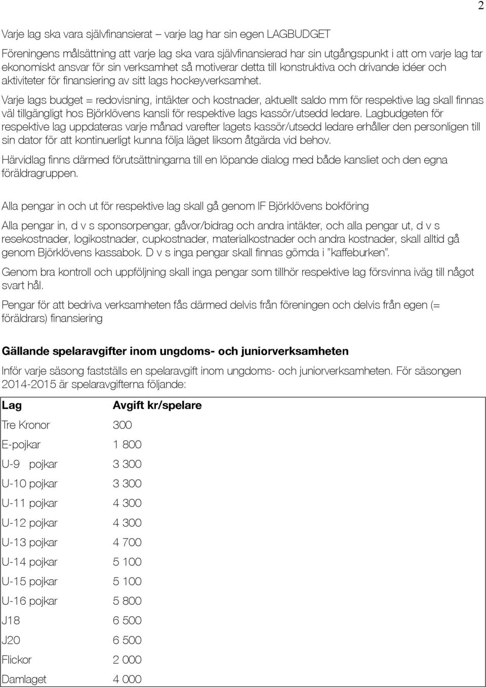 Varje lags budget = redovisning, intäkter och kostnader, aktuellt saldo mm för respektive lag skall finnas väl tillgängligt hos Björklövens kansli för respektive lags kassör/utsedd ledare.