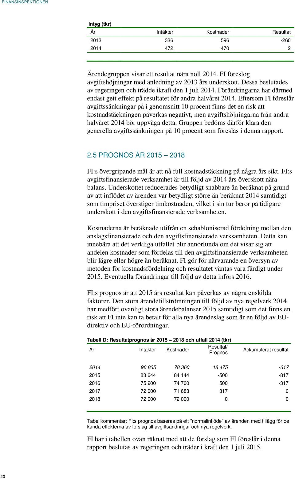 Eftersom FI föreslår avgiftssänkningar på i genomsnitt 10 procent finns det en risk att kostnadstäckningen påverkas negativt, men avgiftshöjningarna från andra halvåret 2014 bör uppväga detta.