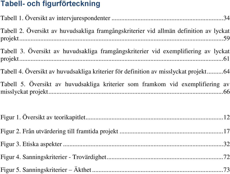 Översikt av huvudsakliga framgångskriterier vid exemplifiering av lyckat projekt... 61 Tabell 4. Översikt av huvudsakliga kriterier för definition av misslyckat projekt.