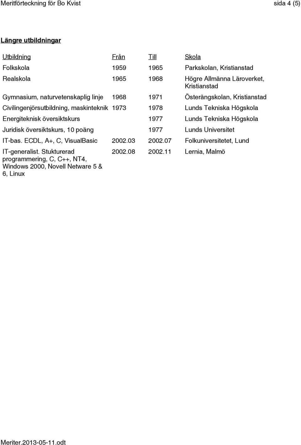 Tekniska Högskola Energiteknisk översiktskurs 1977 Lunds Tekniska Högskola Juridisk översiktskurs, 10 poäng 1977 Lunds Universitet IT-bas.